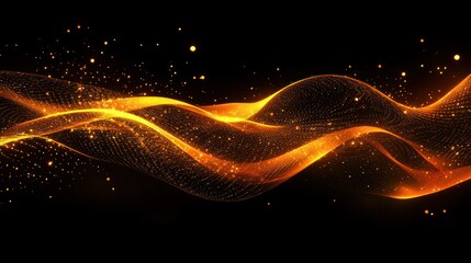Abstract golden wave with sparkles on black background.
