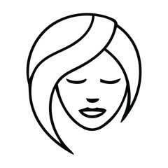 Line Art Icon of Woman's Face with Closed Eyes and Flowing Hair, Vector illustration. 