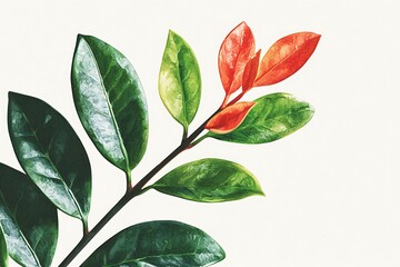 Vibrant Green and Red Leaves on Branch Against Soft Neutral Background for Nature Themes