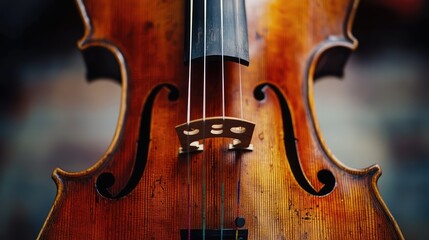 Fototapeta premium Vintage violin close up showing strings, bridge, and f holes