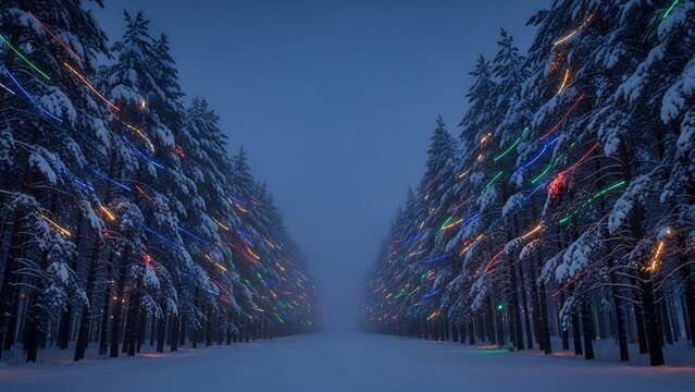 Snow-covered pine trees line a path, decorated with colorful Christmas lights, creating a festive winter scene in a foggy forest.