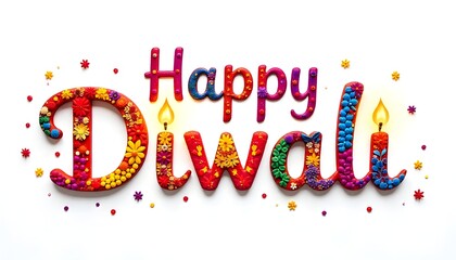 Colorful “Happy Diwali” text decorated with floral patterns and glowing diyas on a white background celebrating the festival of lights.
