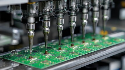 Obraz premium Advanced Technology in Electronics Manufacturing with Automated Circuit Board Assembly Robots