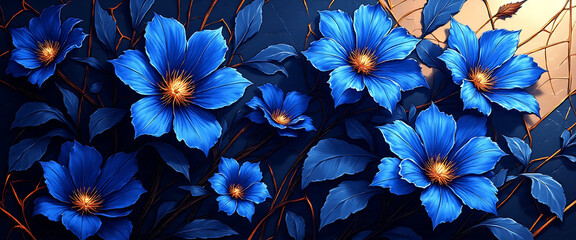 Luxury floral wallpaper featuring 3D embossed blossoms with gold, silver, and marble textures, elegant botanical mural in rich colors, abstract illustration for art prints, seamless 4K decorative back