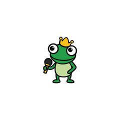 Cute cartoon frog king wearing a crown holding a microphone ready to sing a song