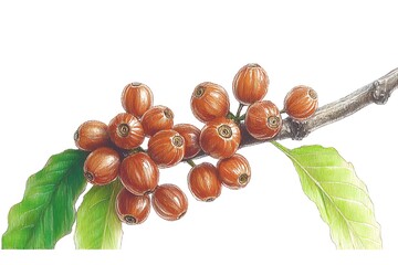 Detailed Illustration of Brown Fruits on Branch with Green Leaves for Nature Projects
