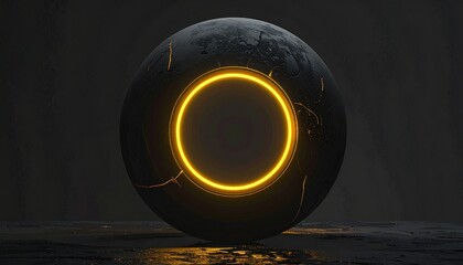 Abstract dark sphere with glowing orange ring, representing advanced technology and futuristic design