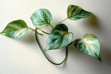 Green and White Variegated Leaves with Smooth Texture on a Light Background