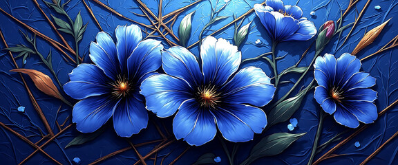 Luxury floral wallpaper featuring 3D embossed blossoms with gold, silver, and marble textures, elegant botanical mural in rich colors, abstract illustration for art prints, seamless 4K decorative back