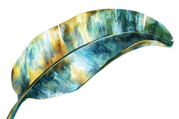 Colorful and Vibrant Watercolor Painting of a Large Tropical Leaf on White Background