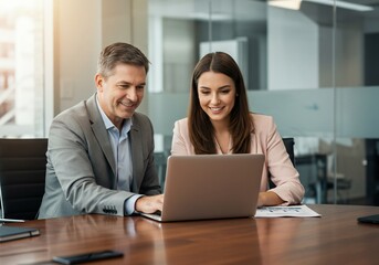 Obraz premium Business Team Discussing Data on Laptop in Office