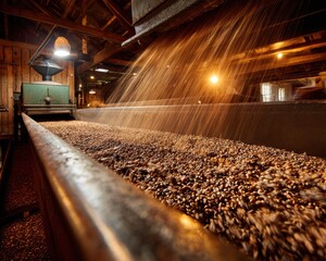 Coffee Roasting Process in Traditional Mill with Dramatic Lighting and Textures