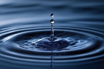 Captivating Macro Shot of Water Droplet Impact Creating Ripples in Deep Blue Water.