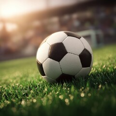 Obraz premium Close-Up Soccer Ball on Green Grass with Stadium Background and Warm Sunlight.