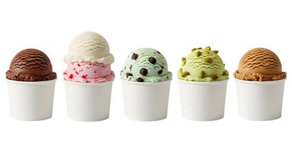 Ice cream scoop ball on transparent background cutout, colorful ice cream scoop in bow, top view. PNG file. Many assorted different flavour Mockup template for artwork design.	