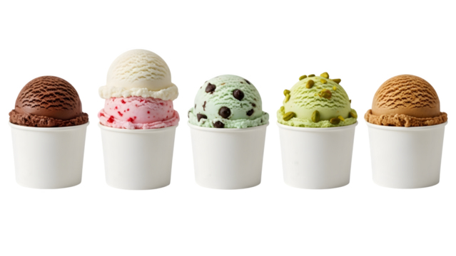 Ice cream scoop ball on transparent background cutout, colorful ice cream scoop in bow, top view. PNG file. Many assorted different flavour Mockup template for artwork design.	