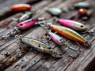 Close-Up of Colorful Fishing Lures on Weathered Wooden Surface, Angling Gear.