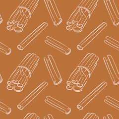 Seamless pattern with line art style cinnamon stick, bundle on warm brown background. Perfect for spice and culinary themed design.