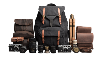 Dark-toned leather and canvas camera gear