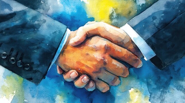 Business handshake illustration showcasing partnership, collaboration, agreement, unity in watercolor style with vibrant colors and artistic flair