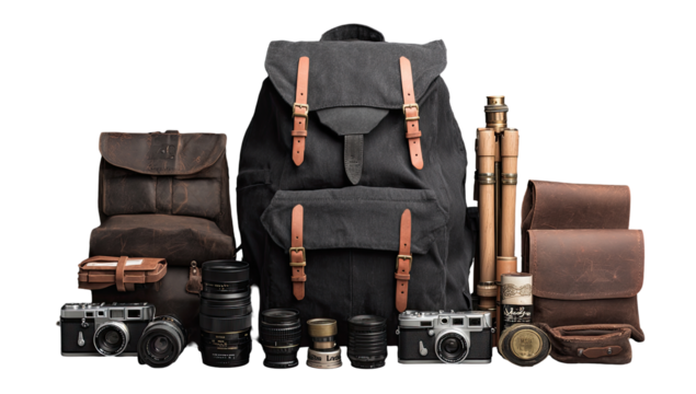 Dark-toned leather and canvas camera gear