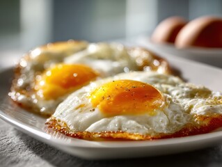 Close-Up of Two Perfectly Fried Eggs on White Plate, Sunny-Side Up, Breakfast Delight.