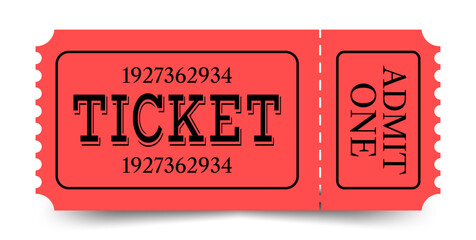 Classic red event ticket with a perforated line. Vintage ticket. Vector illustration isolated on white background.