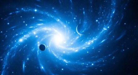A swirling galaxy with bright center and planets
