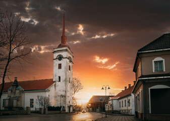Kuressaare, Estonia. Kuressaare St. Lawrence Church In Sunlight Sunrise Or Sunset Time