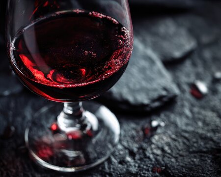 Close-Up of Ruby Red Wine in Elegant Glass on Textured Dark Surface.