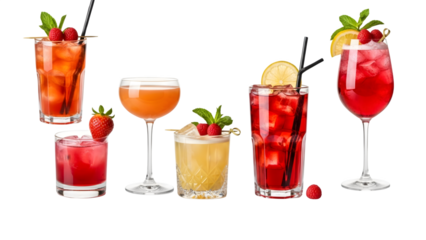 a set of cocktails: gin tonic, blue lagoon, tequila sunrise, iced irish coffee, pina colada, mai tai, cocktail with rum, whiskey, mojito