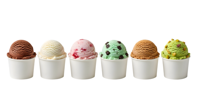 Ice cream scoop ball on transparent background cutout, colorful ice cream scoop in bow, top view. PNG file. Many assorted different flavour Mockup template for artwork design.	