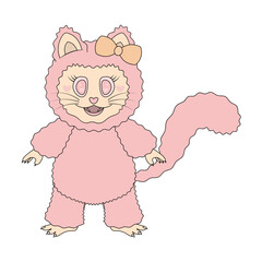 Female cat with pink fur. Cute kitten with orange bow on ear. Color vector illustration. Cat with pink eyes hearts, fangs, whiskers and tail. Isolated white background.