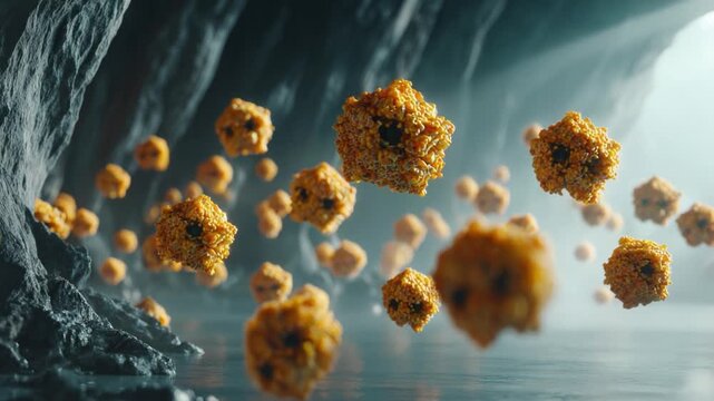 A mesmerizing view of microscopic entities gracefully floating through a surreal cave-like environment illuminated by soft light, creating a captivating and vibrant scene.