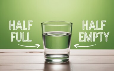 A glass of water is seen on a wooden table with a green background, illustrating the concept of half full or half empty from a straight-on viewpoint.