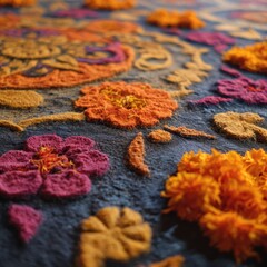 Fototapeta premium Colorful Floral Pattern on Textile with Vibrant Hues of Orange, Pink, and Yellow Design Elements