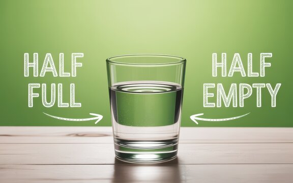 A glass of water is seen on a wooden table with a green background, illustrating the concept of half full or half empty from a straight-on viewpoint.