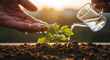 A young plant is watered by hands