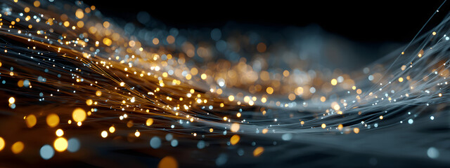 Big Data Network Flow. Futuristic big data visualization showing network flow and digital connections with glowing points and fiber-like streams. Perfect for AI, technology, and analytics concepts.