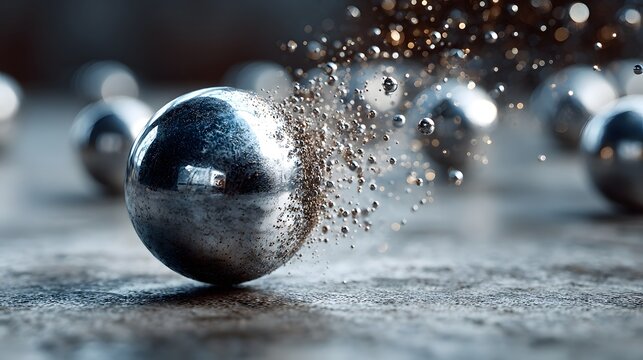 A mesmerizing 3D rende showcases a chrome sphere fractu and dissolving into tiny particles, creating a stunning visual effect on a textured surface.