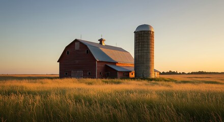 Rural landscape featuring a barn and silo at sunset with golden field and atmospheric light