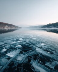 Crystalline Chaos on a Serene Winter Lake with Fractured Blue Ice Floes.