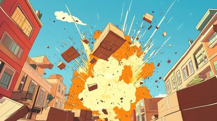 Obraz premium City street experiencing cardboard box explosion with comic style