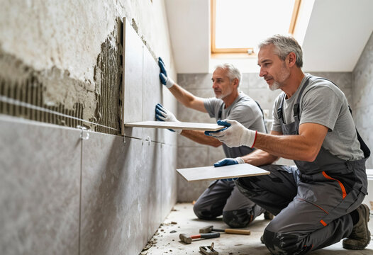 Two middle-aged Caucasian men installing tiles on a wall in a home renovation project. They are wearing gloves and working diligently on the task. - Powered by Adobe