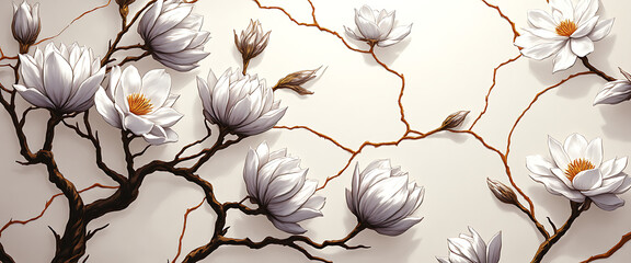 Luxury floral wallpaper featuring 3D embossed blossoms with gold, silver, and marble textures, elegant botanical mural in rich colors, abstract illustration for art prints, seamless 4K decorative back