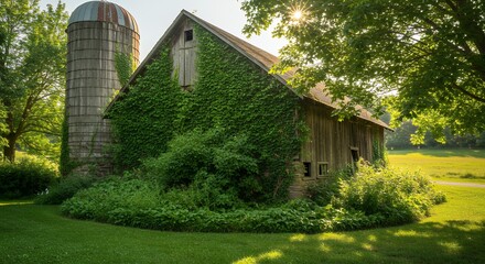 Rustic barn and silo amidst greenery a picturesque rural scene