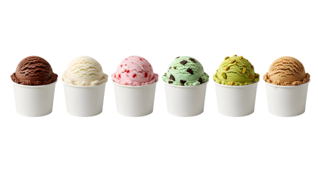 Ice cream scoop ball on transparent background cutout, colorful ice cream scoop in bow, top view. PNG file. Many assorted different flavour Mockup template for artwork design.	