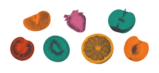 Aesthetic fruits with halftone effects grunge vector illustration. Natural tropical fruits. Trendy retro grunge collage.
