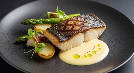 A beautifully plated gourmet dish featuring a perfectly grilled fish fillet served with roasted potatoes, fresh asparagus, and a creamy sauce on a dark plate.