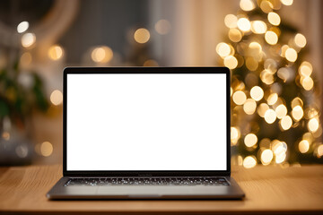 Laptop mockup on table with warm Christmas background and lights